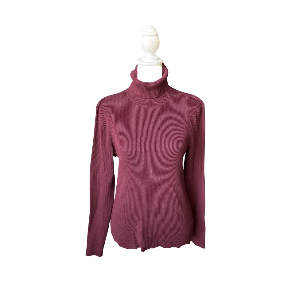 Nine West Womens L Burgundy Ribbed Knit Turtleneck Sweater Maroon Long Sleeve